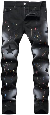 GINZOUS Men Star Painted Black Stretch Denim Slim Straight Jeans